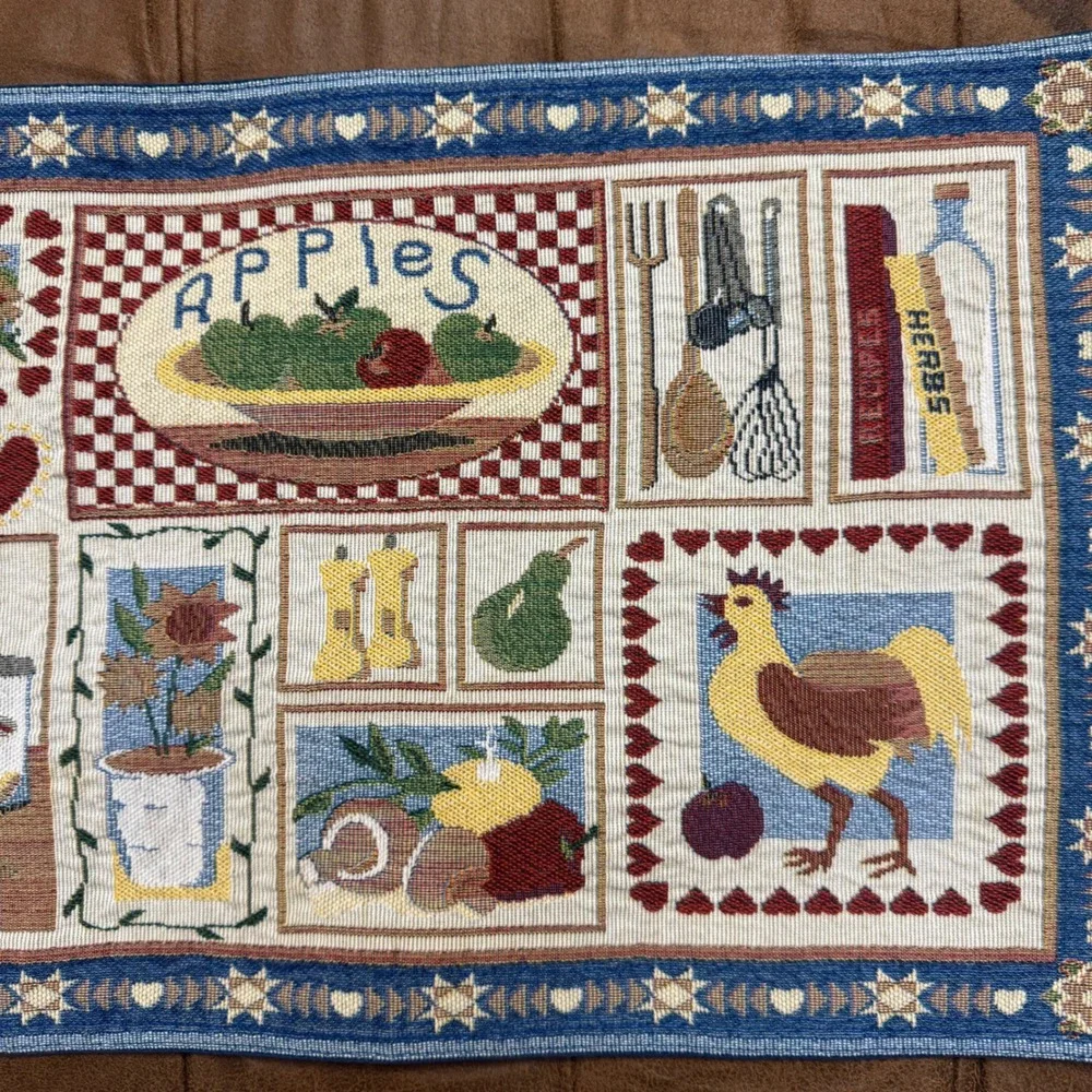 Vintage Tapestry Placemats Set of 7 Blue Red Farmhouse Rooster Apple Kitchen